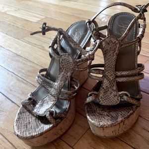 Fergie women’s straps snakeskin wedge sandals 7.5